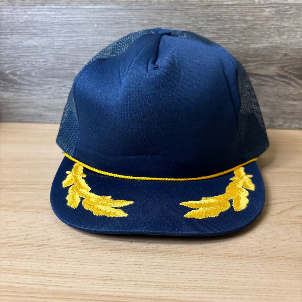 Vintage Hat Cap Snap Back Blue Navy Yellow Trucker Mesh Back Adjustable